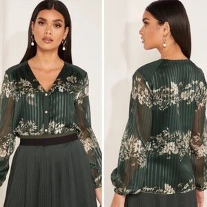 Ted Baker Eveliin Meadov Sweep print long sleeved blouse green floral Sz Medium